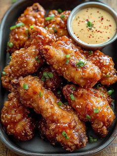 a black plate topped with chicken wings and dipping sauce