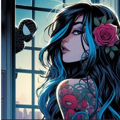 a woman with blue hair and tattoos standing next to a window in front of a spiderman