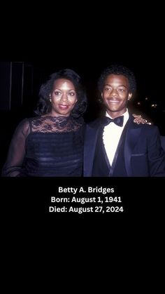 a man and woman standing next to each other in front of a black background with the words betty a bridges born august 1, 1971 died august 27, 1994