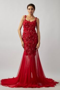 Red tulle and malai lycra padded bodycon gown with an attached cancan and long trail and 3D floral, pearls and glass beaded hand embroidery. Comes with an inner. - Aza Fashions Bodycon Gown, Long Trail, Red Gowns, Ladies Gown, Gowns Online, Aza Fashion, Red Floral, Hand Embroidered, Hand Embroidery