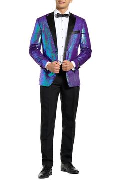 Drenched in sapphire-blue sequins and finished with satin lapels, the jacket of this entrance-making tuxedo pairs with pleated black trousers plus a coordinating bow tie to finish the standout look. Jacket has peaked lapels; four-button cuffs; chest pocket; welt pockets; interior pockets; side vents Trousers have zip fly with button-tab closure; slant pockets; back pockets Jacket is lined Unhemmed Machine wash, line dry Imported Sequins Suit, Black Pleated Pants, Tuxedo Tie, Sequin Tuxedo, Sequins Jacket, Tuxedo Prom, Shirts For Teens Boys, Sequin Suit