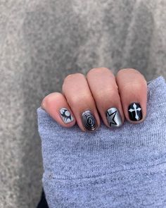 Short Acrylic Nails Masculine, Short Black Nails With Cross, Different Length Nails On One Hand, Short Alt Nail Ideas, Manicure On Men, Masc Women Nails, Emo Nail Ideas Short, Goth Nails Short Natural, Alt Nails Designs Short