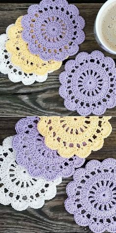 four crocheted doily next to a cup of coffee on a wooden table