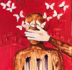 a painting of a person covering his face with butterflies above their head and hands on the forehead