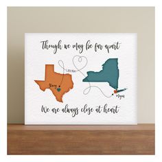 "Though we may be far Apart Long Distance Friendship Gift. The map print can include 2 different states, provinces and/or countries. It is the perfect long distance or going away gift for friends. Follow this link for similar Keepsake Map ideas: https://www.etsy.com/shop/KeepsakeMaps?section_id=15663683 Scroll down for detailed info on wrapped canvas, photo blocks, prints and file options (photo descriptions are shown in the slides above along with the color and/or symbol palettes). Frame and ma Map Ideas, Long Distance Friendship Gifts, Distance Friendship, Long Distance Friendship, Goodbye Gifts, Bff Gift, Canvas Photo, Bff Gifts, Table Top Display