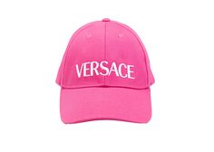 a pink cap with the words versa printed on it in white letters, against a white background