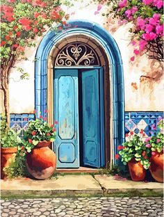 a painting of an open blue door with potted plants and flowers on the outside