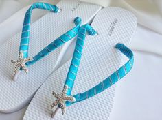 This beautiful flip flops is handmade in macrame wrapped with silver edge turquoise satin ribbon, and adorned with a silver rhinestones starfish. Ribbon color is turquoise, if you are needing other colors of ribbon or decoration please contact me and will be happy to accommodate you!   All flip flops are handmade to order and the production time is 5-7 business days and then please allow time for shipping. Amazing for beach, weddings, flower girl or a fancy event, you choose! Please choose your Cheap Blue Toe Post Flip Flops, Cheap Blue Flat Flip Flops, Cheap Light Blue Flip Flops For Vacation, Cute Shoes For Summer, Beach Wedding Flip Flops, Flip Flops Wedding, Bling Wedding Shoes, Bridesmaid Flip Flops, Girls Wedding Shoes