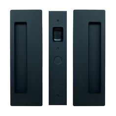 three black door handles are shown on this white background