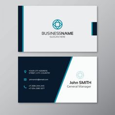 two business cards with blue and white accents