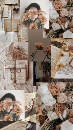 a collage of photos with flowers and books