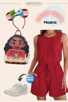 an image of a woman wearing red shorts and a bag with the character moan on it