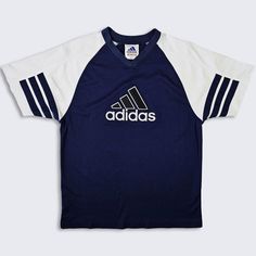 Adidas Vintage 90s Navy Blue Soccer Jersey Shirt  Athletic Uniform Tee Logo Printed On Front  In Excellent Vintage Condition No Holes or Stains Men's Size : Large ( L ) PLEASE CHECK YOUR MEASUREMENTS Length: 30 in Pit to Pit: 21 in FREE AND FAST SHIPPING IN THE USA Blue Retro Sports T-shirt, Casual Navy Tops With Three Stripes Branding, Navy Sports Tops With Three Stripes, 90s Blue Sports T-shirt, Navy Sports Top With Three Stripes, Blue Adidas Logo T-shirt For Streetwear, Casual Blue Adidas Logo Top, Throwback Blue Sports Tops, 90s Blue Sports Top