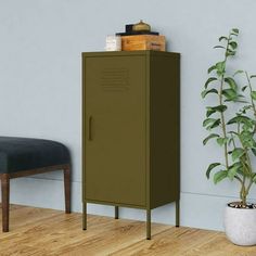 a green locker next to a plant in a room