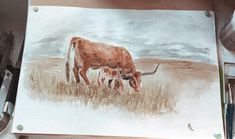 a painting of a cow and her calf grazing in the grass with watercolor pencils on paper