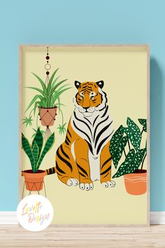 a tiger is sitting next to some houseplants and a potted plant on the wall