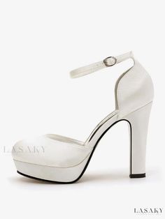 Lasaky - Elegant Satin White Bridal Shoes with Round Toe and Chunky Heel for Womens Wedding Fitted Platform Heels For Weddings, Platform Heels For Wedding, Chunky Heel Wedding Shoes, Leather Wedding Shoes, Fall Toes, Satin Wedding Shoes, White Bridal Shoes, White Wedding Shoes, Chunky Heel Shoes