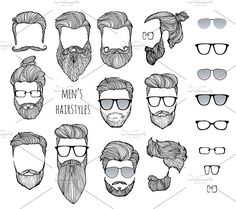 a set of men's hairstyles with beards and glasses on white background