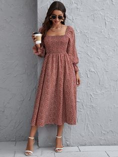 Redwood Elegant  Long Sleeve Cotton Plants,All Over Print A Line Embellished Non-Stretch Spring/Fall Women Dresses Floral Dress Outfits, Ditsy Floral Dress, Chique Outfits, Shein Dress, Modest Clothing, Fashion Attire, Flounce Sleeve, Women Long Dresses, Mode Inspiration