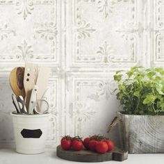 tomatoes and kitchen utensils sit on a counter next to a potted plant