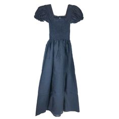 Sleeper Womens Belle Linen Dress Medium Navy Blue New With Tags And Reusable Linen Pouch The Sleeves Can Be Dropped Down For Exposed Shoulders. The Dress Has A Simple Cut. This Dress Has A Smocked Bodice Which Allows You To Wear It Without A Bra Comfortably, Regardless Of Breast Size. Square Neckline. Smocked Bodice. Relaxed Pullover Style. Linen. The Head Ribbon Is Included And Compliments The Dress Size- Medium 8-10 Bust 37" Length 48.5" Sleeve 11.75" Smoke & Pet Free Casual Square Neck Maxi Dress For Evening, Blue Elegant Maxi Dress With Smocked Bodice, Elegant Blue Maxi Dress With Smocked Bodice, Navy Maxi Dress For Spring Evening, Navy Evening Maxi Dress For Summer, Navy Midi Dress For Spring Evening, Blue Square Neck Maxi Dress For Evening, Blue Square Neck Evening Maxi Dress, Navy Fitted Maxi Dress For Spring