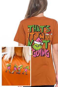 Make a humorous statement this festive season with this 'That's It, I'm Not Going' Grinch Christmas unisex short-sleeved graphic tee. This tee captures the holiday mood for those who prefer to keep things low-key. Featuring the beloved Grinch character in bold colors, this design is perfect for holiday enthusiasts with a side of sass. The high-quality fabric blend ensures a comfortable and stylish fit, suitable for all genders. Crafted with care in Nicaragua, the high-quality graphic tee stays v Snap Jewelry Charms, Concealed Carry Handbags, Essential Oil Accessories, Holiday Mood, Plus Swimwear, Grinch Christmas, Skirted Swimwear, Unisex Shorts, Festive Season