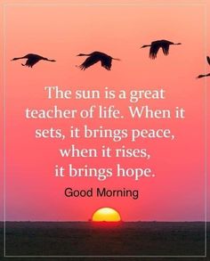 the sun is a great teacher of life when it sets, it brings peace, when it rises, it brings hope good morning