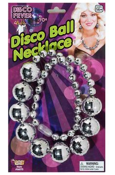 the disco ball necklace is shown in front of a purple and black background with an advertisement for