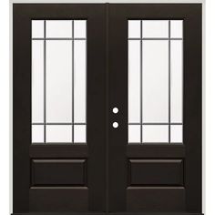 a black double door with two sidelights and glass panels on the top, against a white background