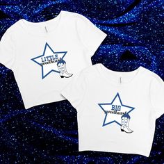 two white shirts with blue stars and the words little miss and big star on them