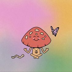 a cartoon mushroom sitting on the ground with a butterfly flying above it, in front of a multicolored background