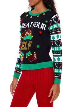 Knit holiday sweater featuring "Treat Your Elf" text, contrasting ribbed trim, round neckline, high - polish button trim, pom pom embellishments, long sleeves, and sequined elf hat and boot graphics. | This is an independent brand and not Forever 21 branded item. | 100% acrylic | Hand wash cold | Model is 5'8" and wearing Small | Treat Your Elf Christmas Sweater Elf Christmas Sweater, Elf Hat, Elf Christmas, Holiday Sweater, Outerwear Sweater, Christmas Elf, Christmas Sweater, Treat Yourself, Outerwear Women