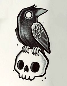 a drawing of a bird sitting on top of a skull