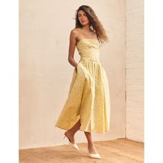 Yellow Ditsy Floral Bandeau Felicity Midi Dress | Nobody's Child Gathered Bodice, Stripe Outfits, Iconic Dresses, Bandeau Dress, Sunshine Yellow, Date Night Dresses, Gingham Dress, Summer Sandals, Petite Maternity