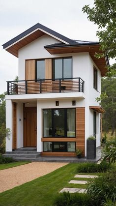 a white house with wood accents and windows