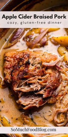 an apple cider braised pork stew in a skillet