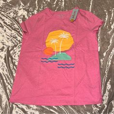 Brand New Playful Cotton Tops For Summer Adventures, Summer Cotton Tops For Vacation, Cotton Tops For Vacation, Casual Pink Top For Vacation, Pink Cotton Beach Shirt, Playful Short Sleeve Tops For Summer Adventures, Pink Cotton Shirt For The Beach, Pink Relaxed Fit Top For Vacation, Playful Pink Shirt For Summer