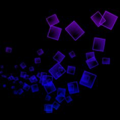 purple squares and cubes are flying in the air on a black background with space for text