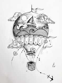 a drawing of a hot air balloon flying through the sky