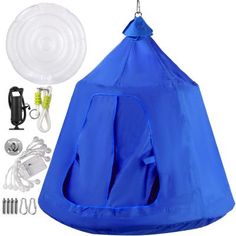 a blue hanging chair with accessories for the back and side of it, including an inflatable cover