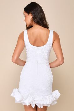 Having everyone adore your look is always a plus, which is why you'll want to wear the Lulus Extravagant Poise White Textured Jacquard Bubble-Hem Mini Dress when you want a little extra attention! Textured woven jacquard shapes this eye-catching dress that features a sleeveless bodice with corset-style seams and a scoop neck (and back), supported by wide tank straps. The fitted waist tops a figure-flaunting skirt that falls to a bubble-style mini hem adorned with voluminous ruffle trim. Hidden back zipper/clasp. Fit: This garment fits true to size. Length: Above mid-thigh. Size medium measures 32" from shoulder to hem. Bust: Great for any cup size. Waist: Fitted - very fitted at natural waist. Hip: Fitted - stretchy fabric allows room for hips. Undergarments: May be worn with a strapless b Fitted Textured Fabric Party Dress, Fitted Textured Party Dress, Bubble Style, Lulu Fashion, Bubble Hem, Jacquard Dress, Corset Style, A Plus, Cup Size