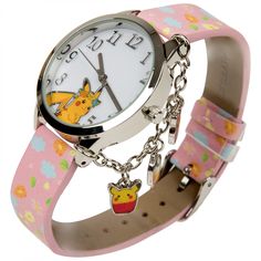 a watch with a chain around the wrist and a pokemon charm on it's strap