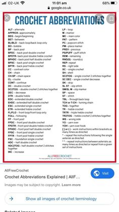 the crochet abbreviations page on an iphone