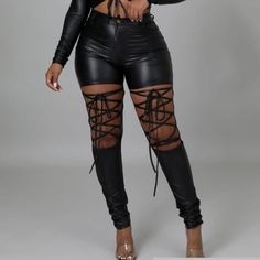 Good Stretch Lace Up Back Pockets Zipper And Button Closure Black Leather Pants For Clubbing, Casual Style, Edgy Leather Pants For Club And Spring, Blue Plaid Pants, Cutout Pants, Colorblock Pants, Gingham Pants, Black Playsuit, Black Overalls, Purple Leggings