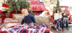 a family sitting in front of a red truck with presents on the bed and christmas tree