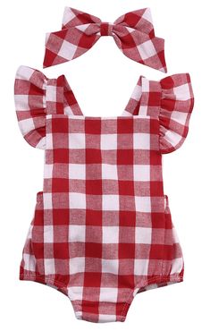 Red Plaid Bow Romper + Headband-Shop Baby Boutiques Baby Mode, Plaid Set, Body Suit Outfits, Mia 3, Cotton Romper, Trendy Baby, Baby Outfits