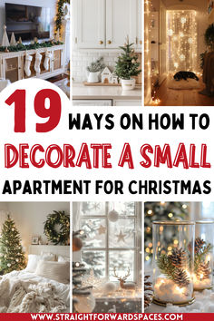 Festively decorated small apartment with a Christmas tree, holiday lights, and cozy decorations in the living room, hallway, and kitchen. Cheap Apartment Christmas Decor, Cozy Christmas Decor Apartment, Christmas Decoration Small Space, Christmas Decoration Indoor, Decorating Small Apartment For Christmas, Small Spaces Christmas Decor, Simple Ways To Decorate For Christmas, Small Christmas Decor Ideas, Christmas Decoration At Home