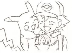 a drawing of pokemon and pikachu with one holding the other's hand