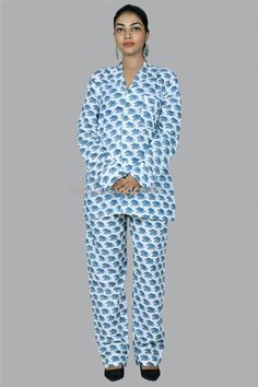 Description-  Comfortable cotton night suit , trousers and shirt , Notch collar pattern , Hand block print is use , Full sleeves pattern, Full length trouser , Front opening shirt placket ,Attached pocket.specification- Hand block print night suit, Full sleeves , Full length Trouser , full length trousers ,100% cotton ,Attached pocketSize -  S, M, L, XL, XXLMaterials -  100% Cotton Qty - 1 Pcs -----Shipping : - We ship all items express shipping courier with Fedex, Dhl, Aramex or India Post.---- Cotton Sleep Sets With Long Pants, Blue Cotton Sets With Long Pants, Cotton Block Print Long Sleeve Sets, Printed Cotton Long Sleeve Pant Set, Printed Cotton Pant Set, Cotton Sleepwear With Block Print And Relaxed Fit, Cotton Block Print Sets For Pajama Party, Cotton Sleepwear With Block Print For Loungewear, Summer Block Print Loungewear Dress