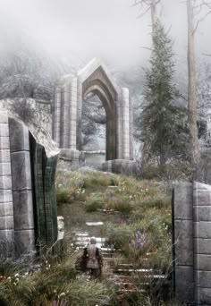 an image of a man walking through the woods in front of some ruins and gates